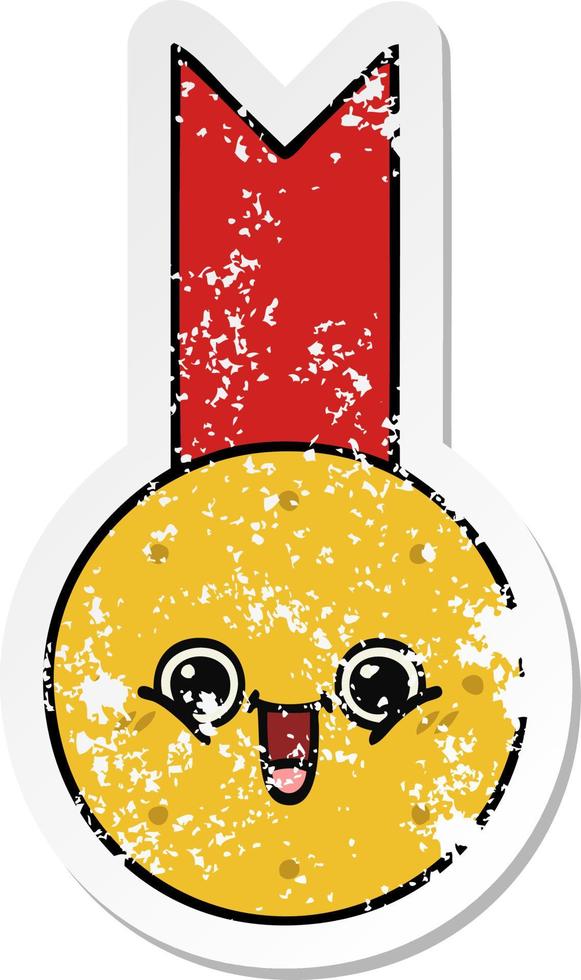 distressed sticker of a cute cartoon gold medal vector