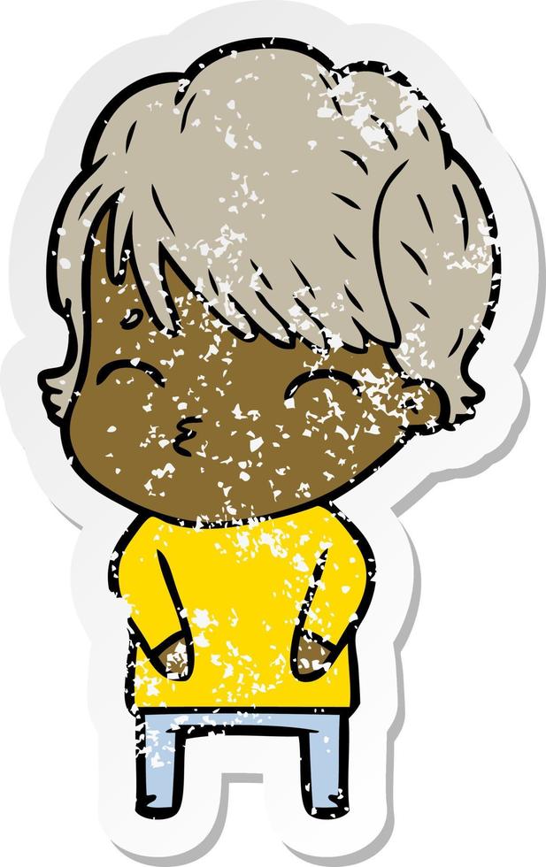 distressed sticker of a cartoon woman thinking vector