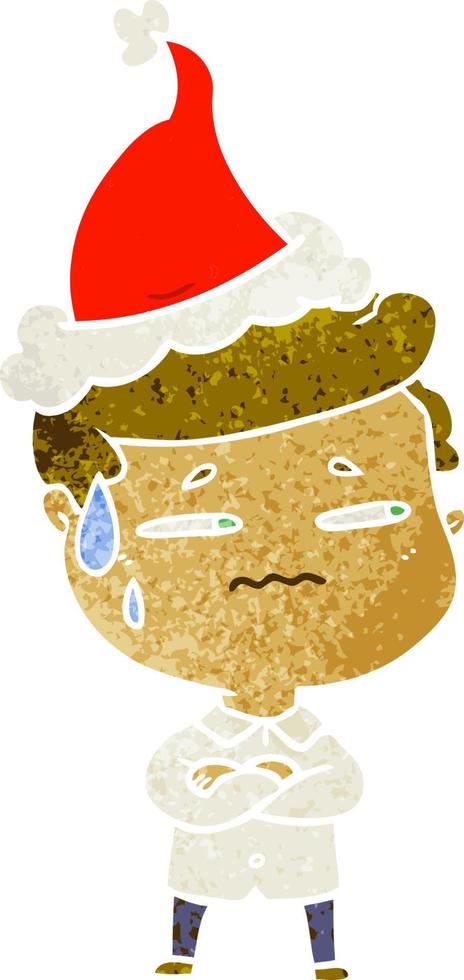 retro cartoon of a anxious man wearing santa hat vector