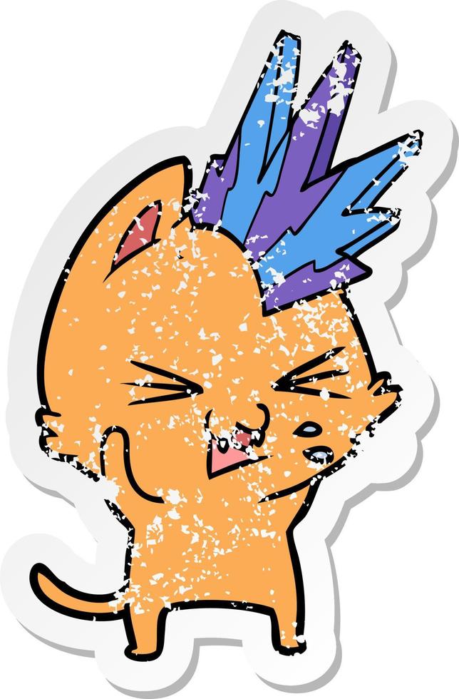 distressed sticker of a cartoon punk rock cat hissing vector