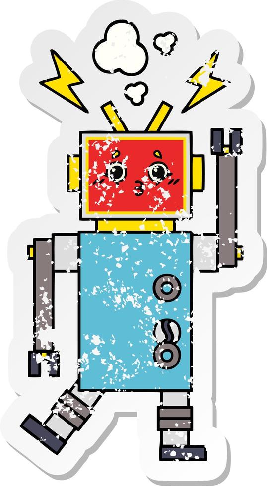 distressed sticker of a cute cartoon robot malfunction vector