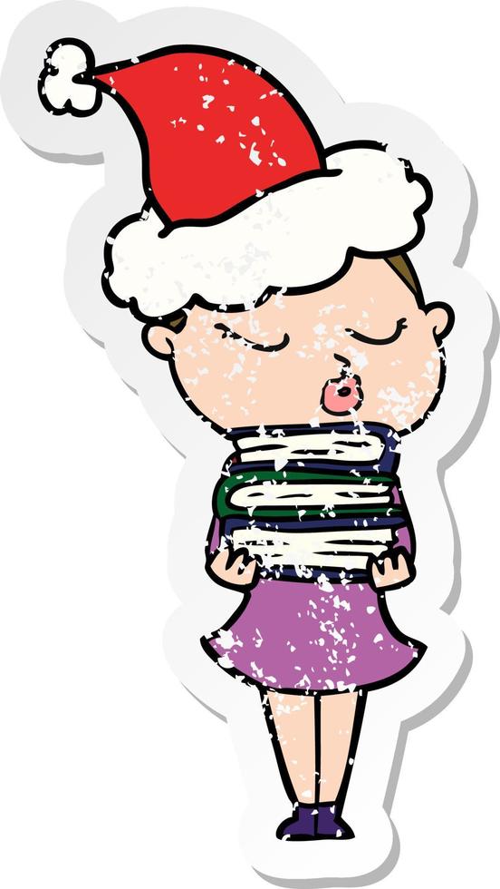 distressed sticker cartoon of a calm woman wearing santa hat vector