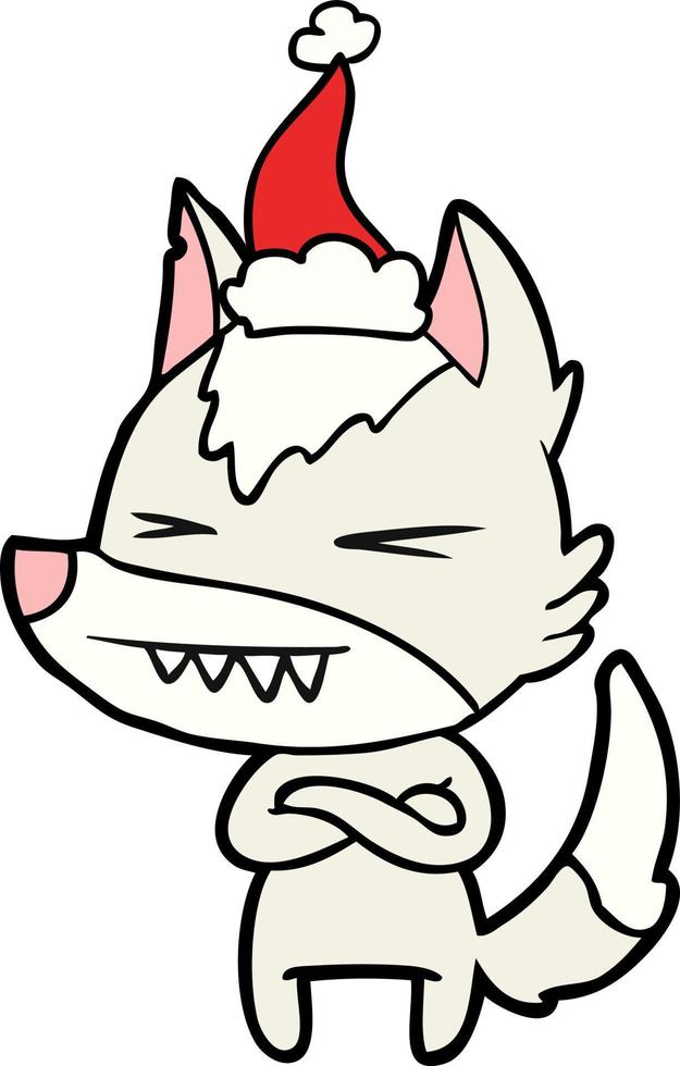 angry wolf line drawing of a wearing santa hat vector