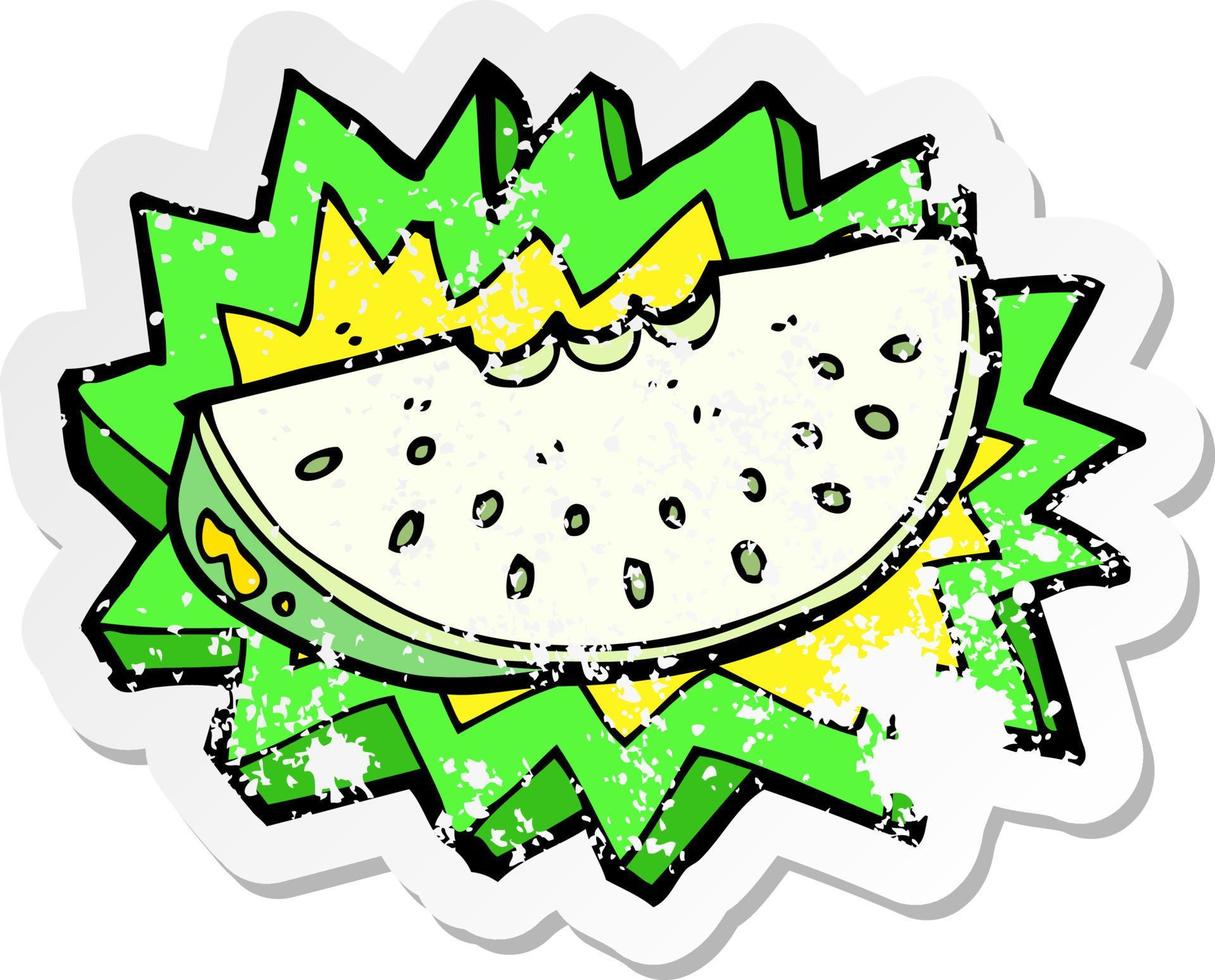 retro distressed sticker of a cartoon melon slice vector