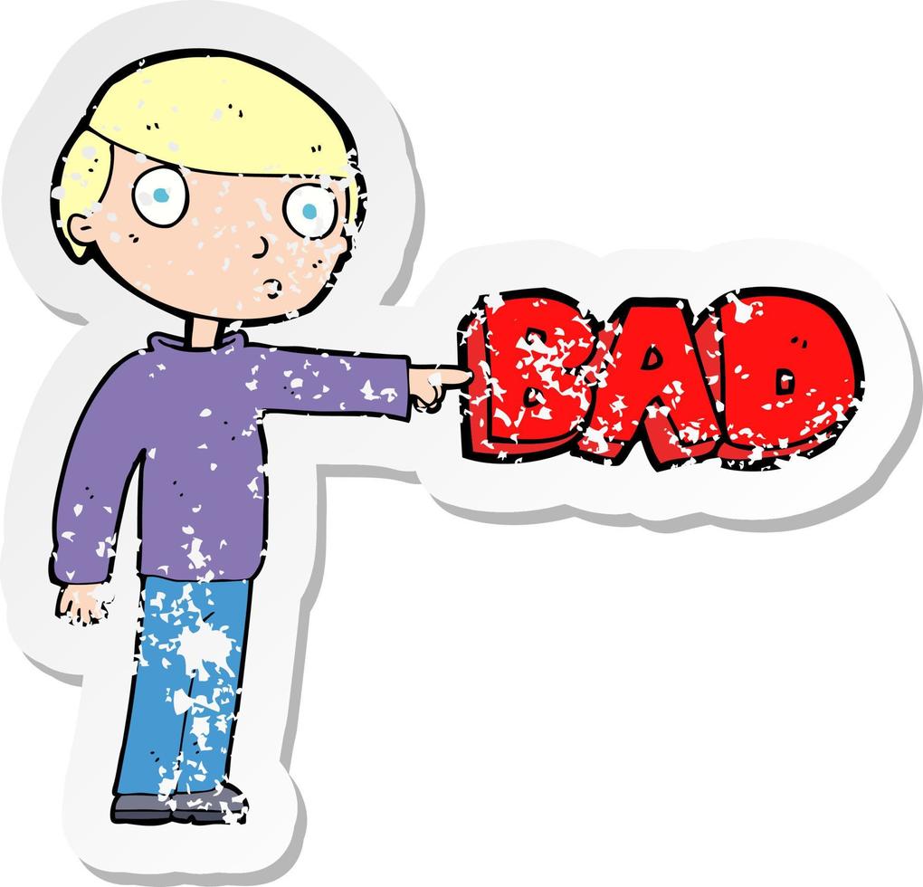 retro distressed sticker of a cartoon man pointing out the bad vector