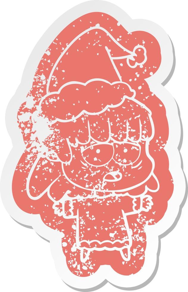 cartoon distressed sticker of a tired woman wearing santa hat vector
