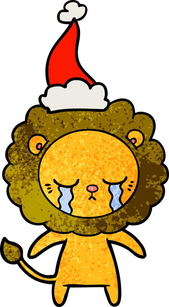 crying textured cartoon of a lion wearing santa hat vector