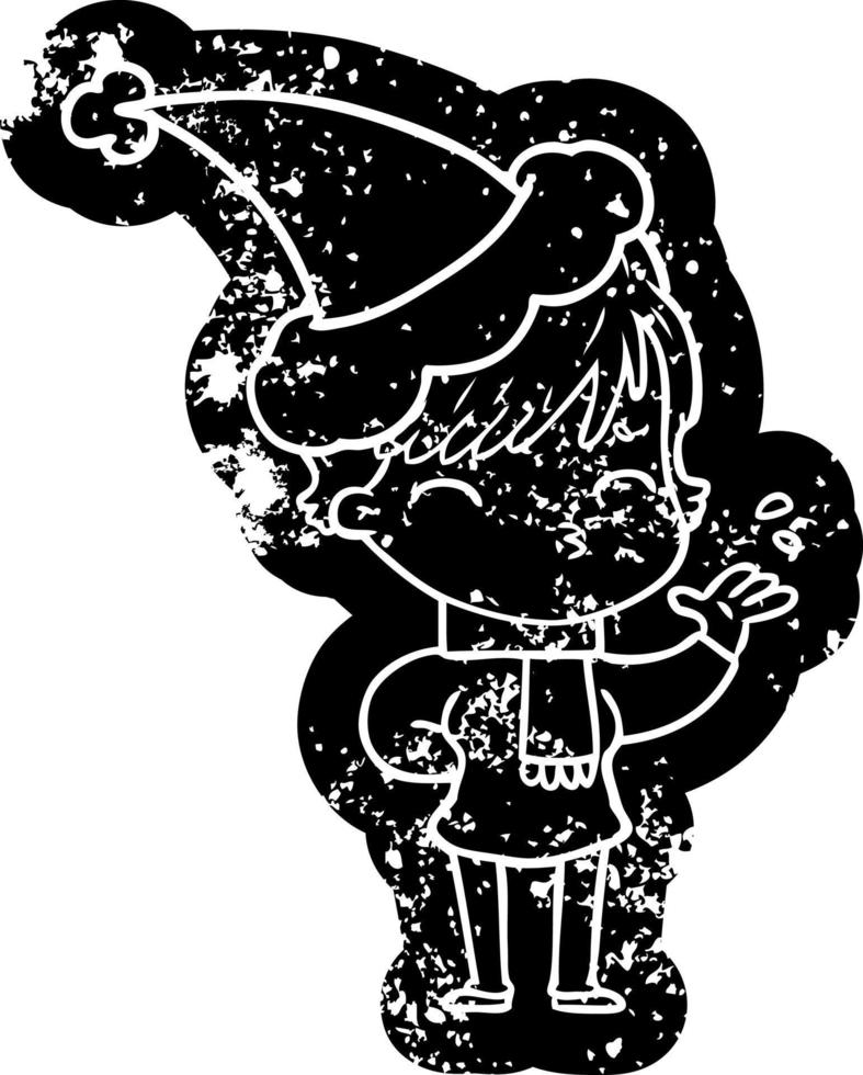 cartoon distressed icon of a woman thinking wearing santa hat vector