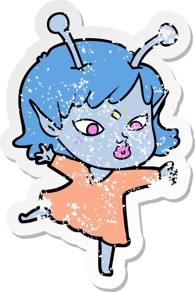 distressed sticker of a pretty cartoon alien girl vector