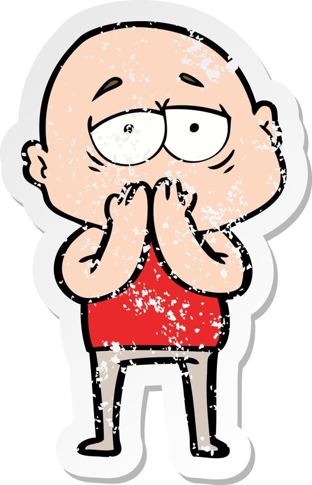 distressed sticker of a cartoon tired bald man vector