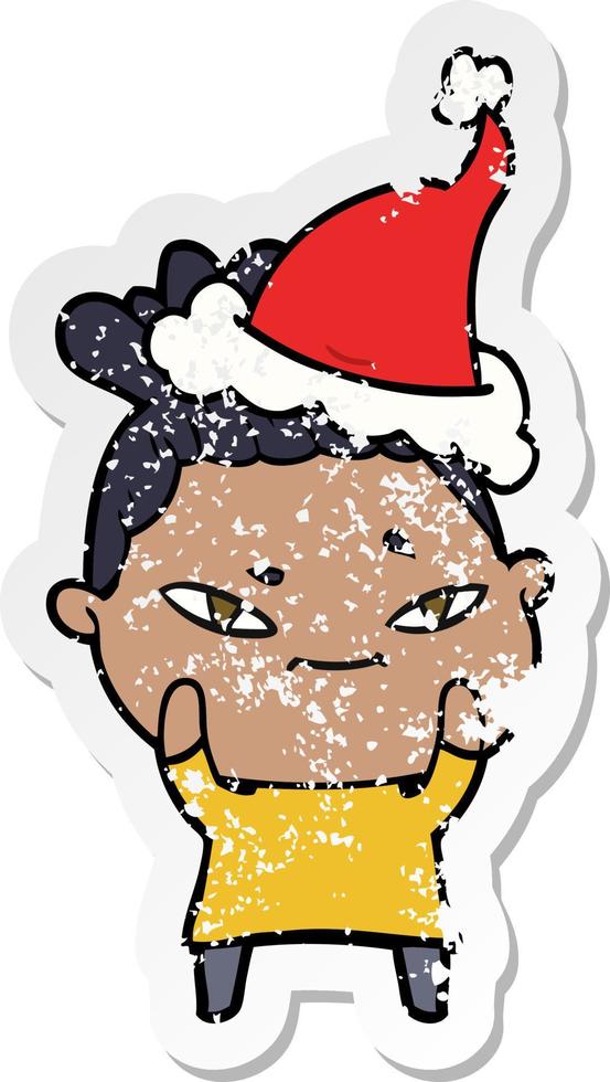 distressed sticker cartoon of a woman wearing santa hat vector