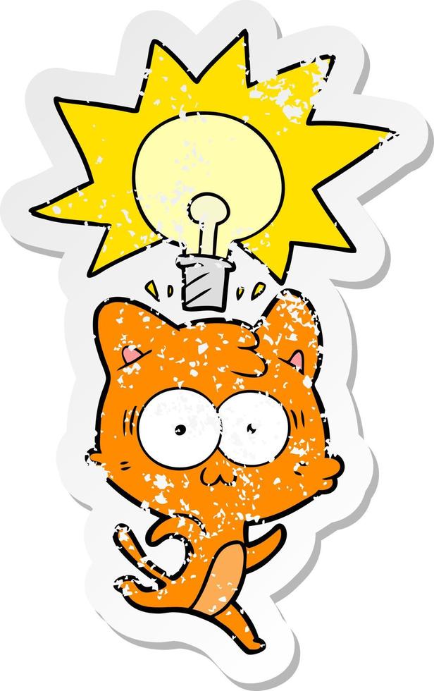 distressed sticker of a cartoon cat with idea vector