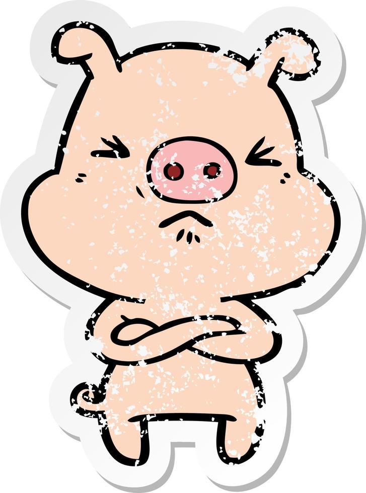 distressed sticker of a cartoon angry pig vector