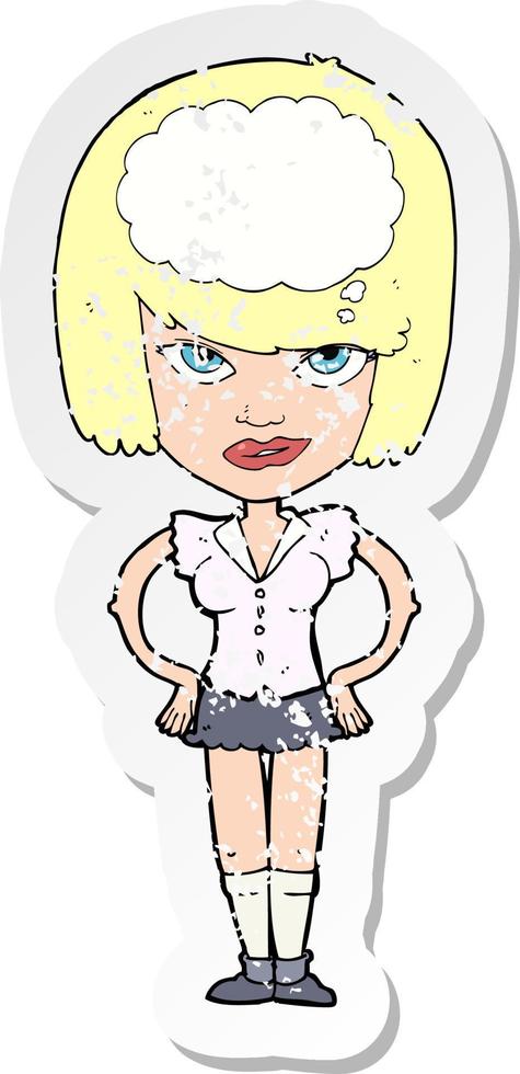 retro distressed sticker of a cartoon woman thinking vector