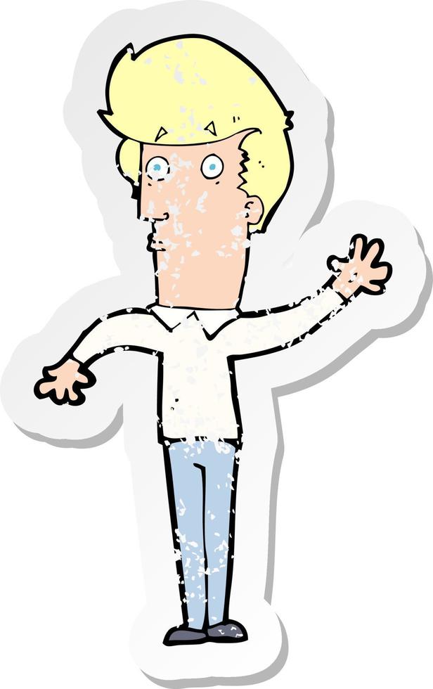 retro distressed sticker of a cartoon nervous man waving vector