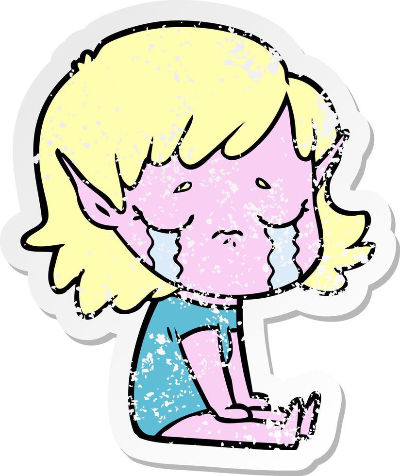 distressed sticker of a cartoon crying elf girl vector