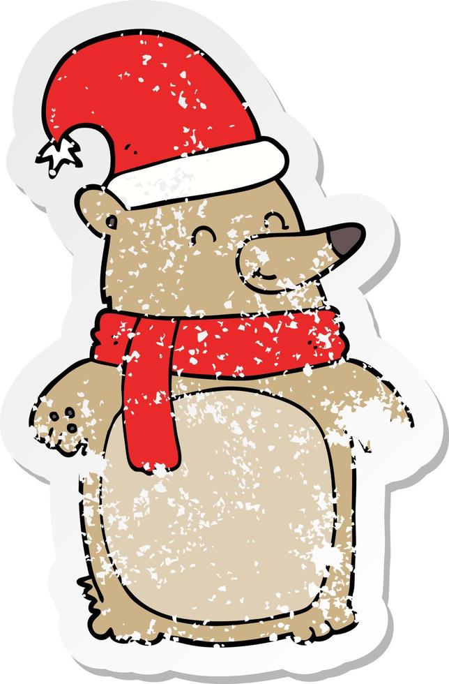 distressed sticker of a cartoon christmas bear vector