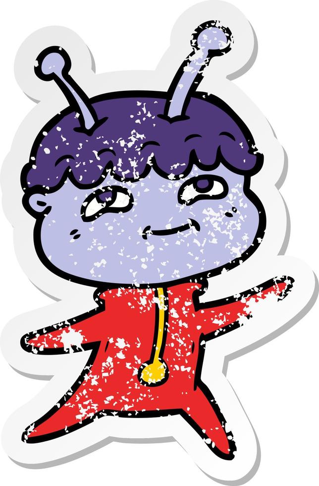 distressed sticker of a friendly cartoon spaceman dancing vector