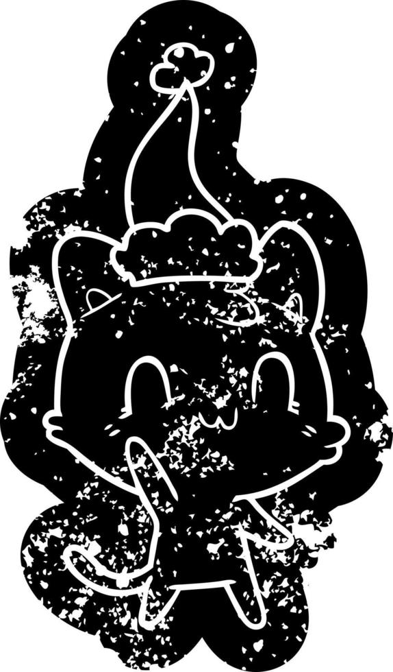 cartoon distressed icon of a happy cat wearing santa hat vector