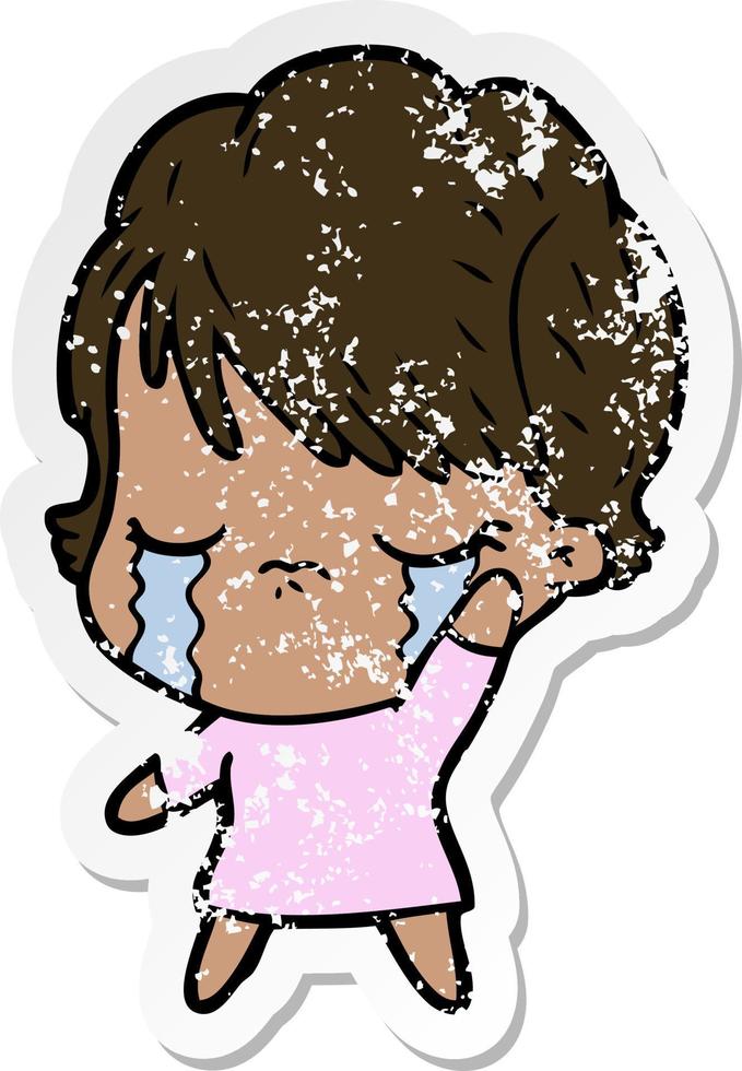 distressed sticker of a cartoon woman crying vector