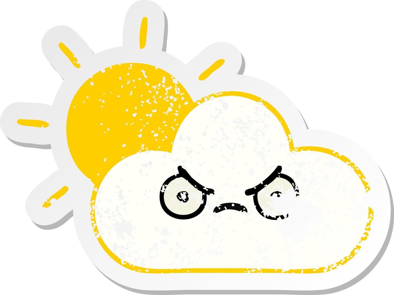 distressed sticker of a cute cartoon sunshine and cloud vector