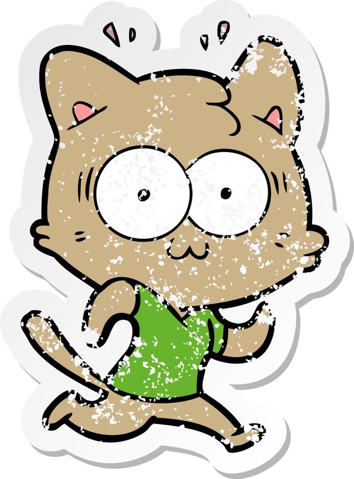 distressed sticker of a cartoon surprised cat running vector