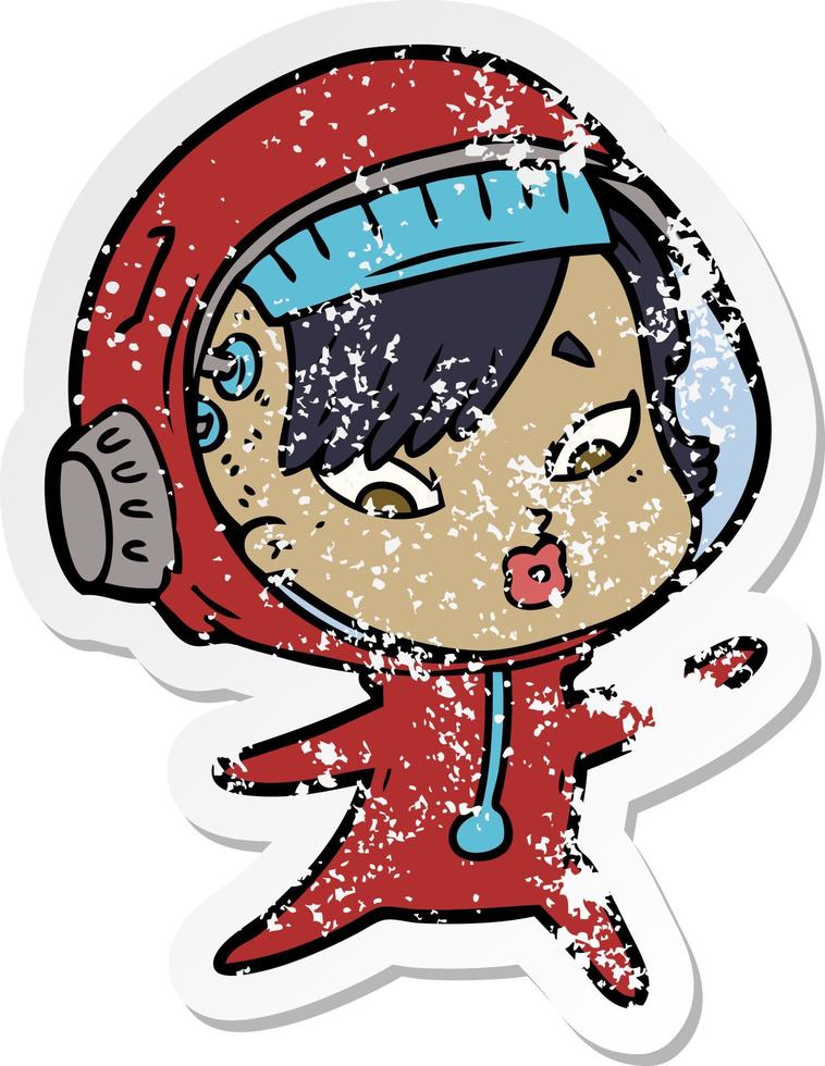 distressed sticker of a cartoon astronaut woman vector