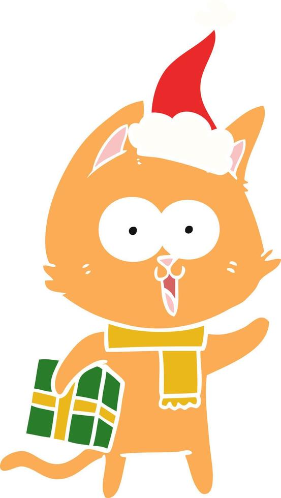 funny flat color illustration of a cat wearing santa hat vector