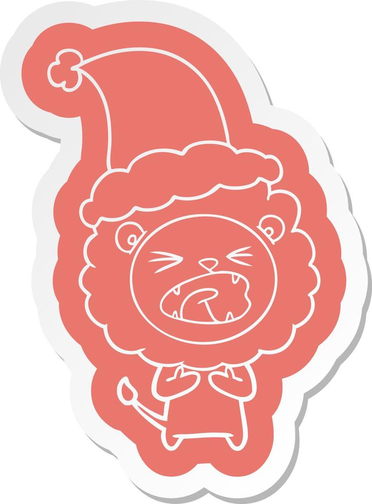 cartoon  sticker of a lion wearing santa hat vector