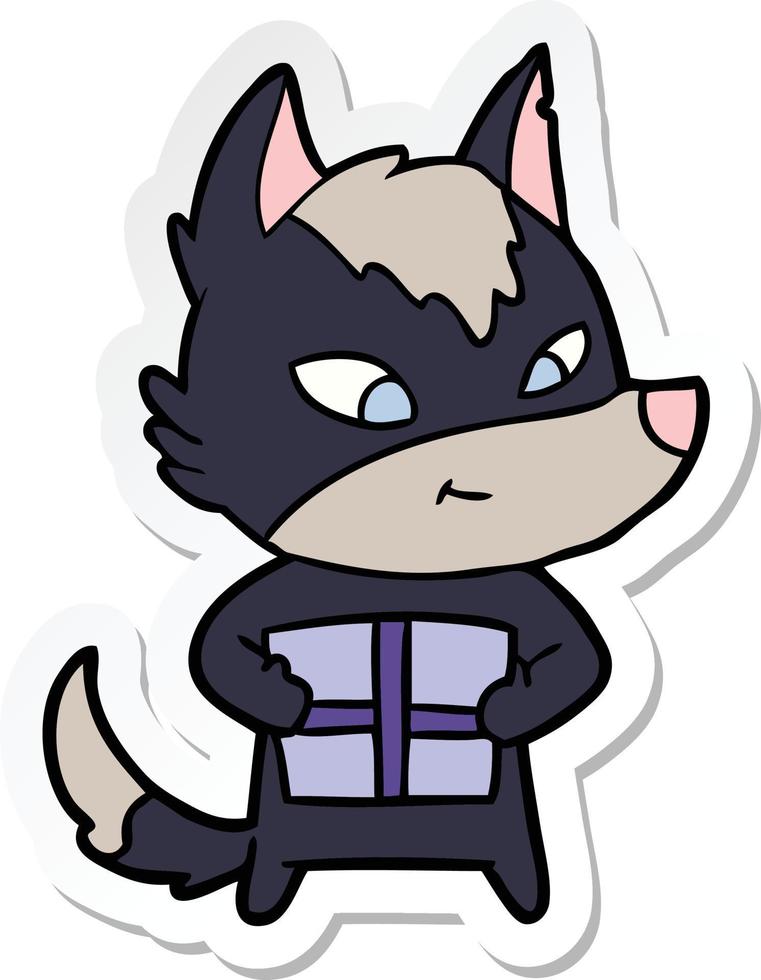 sticker of a friendly cartoon wolf with gift vector