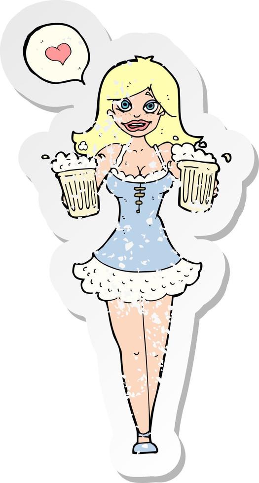 retro distressed sticker of a cartoon woman serving beer vector