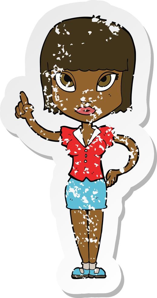 retro distressed sticker of a cartoon pretty girl with idea vector