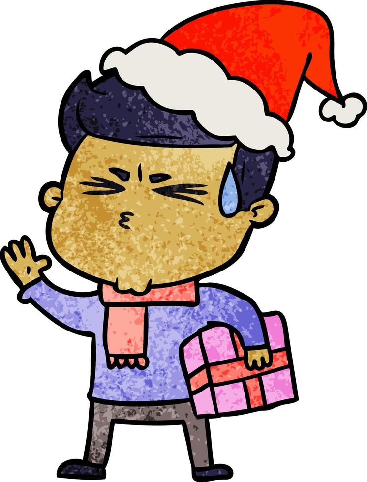 textured cartoon of a man sweating wearing santa hat vector