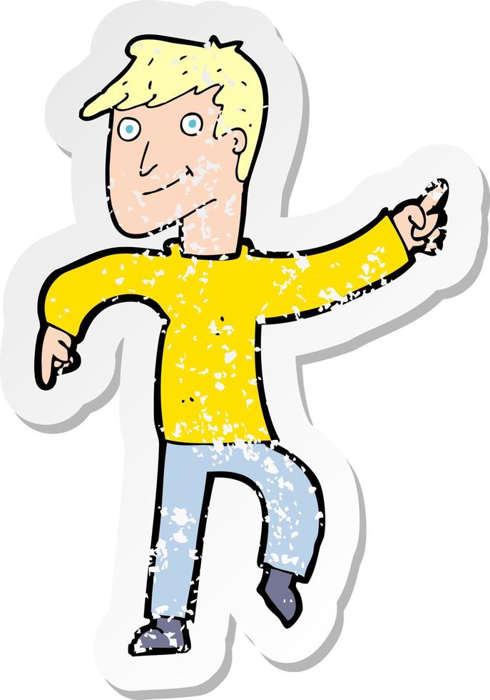 retro distressed sticker of a cartoon happy man pointing vector