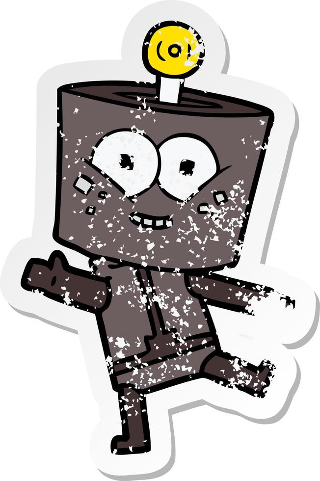 distressed sticker of a happy cartoon robot dancing vector