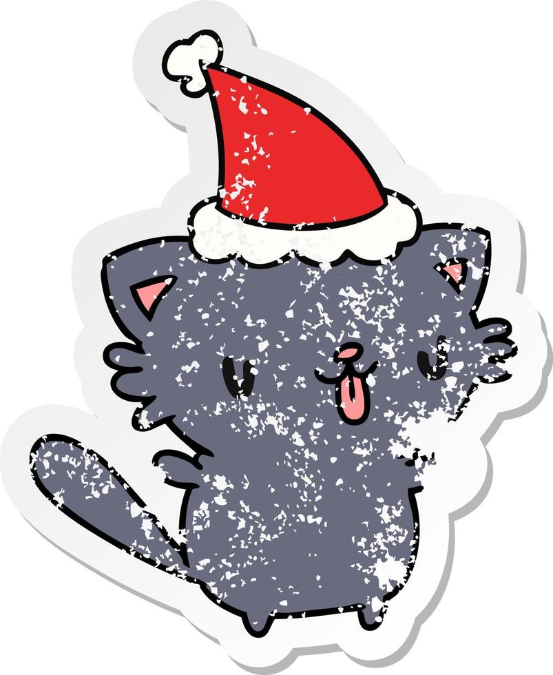 christmas distressed sticker cartoon of kawaii cat vector