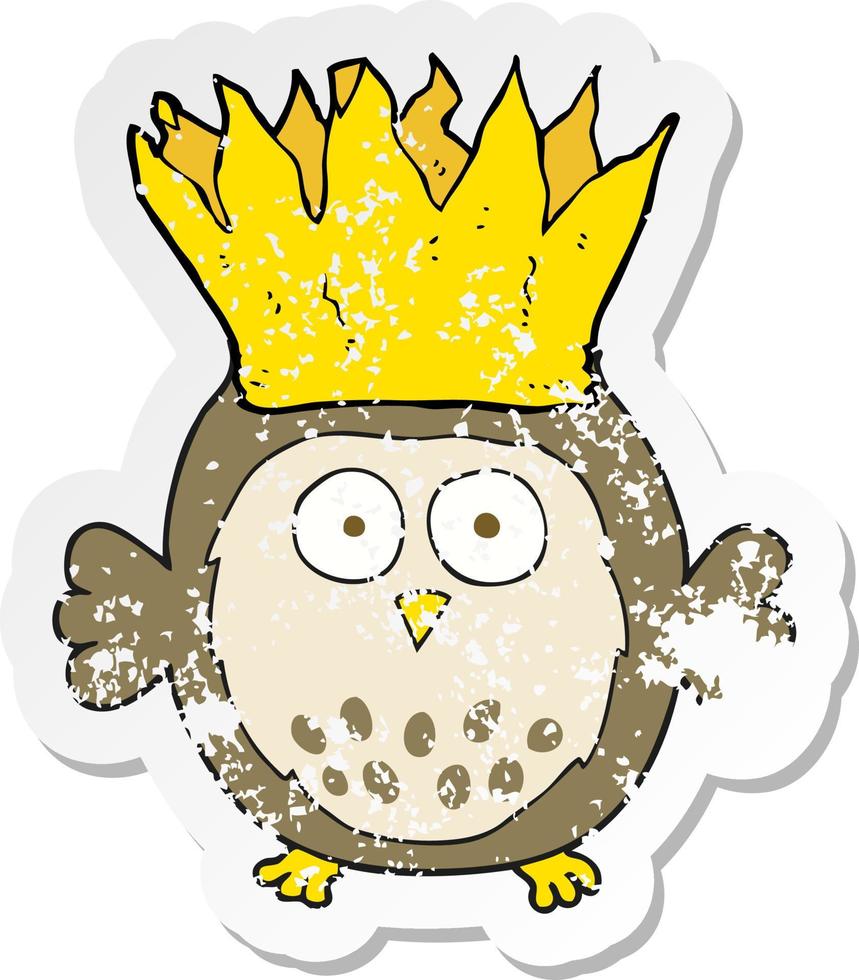 retro distressed sticker of a cartoon owl wearing paper crown christmas hat vector