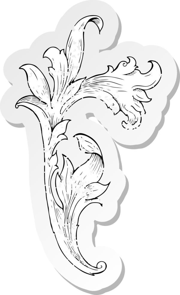pegatina retro angustiada de un remolino floral tradicional dibujado a mano vector