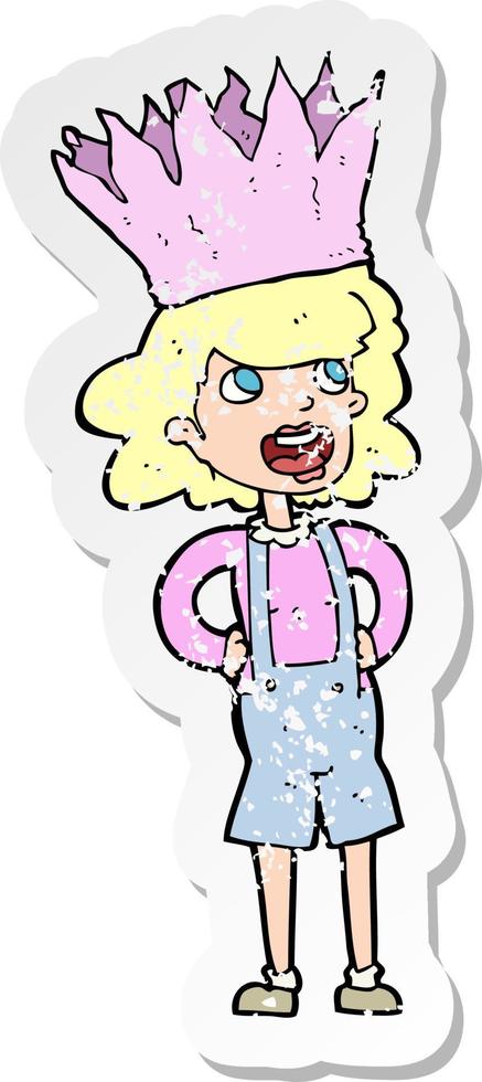 retro distressed sticker of a cartoon person wearing crown vector