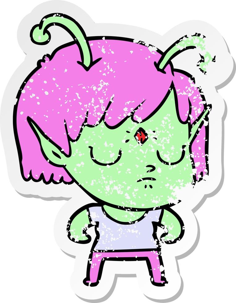 distressed sticker of a cartoon alien girl vector