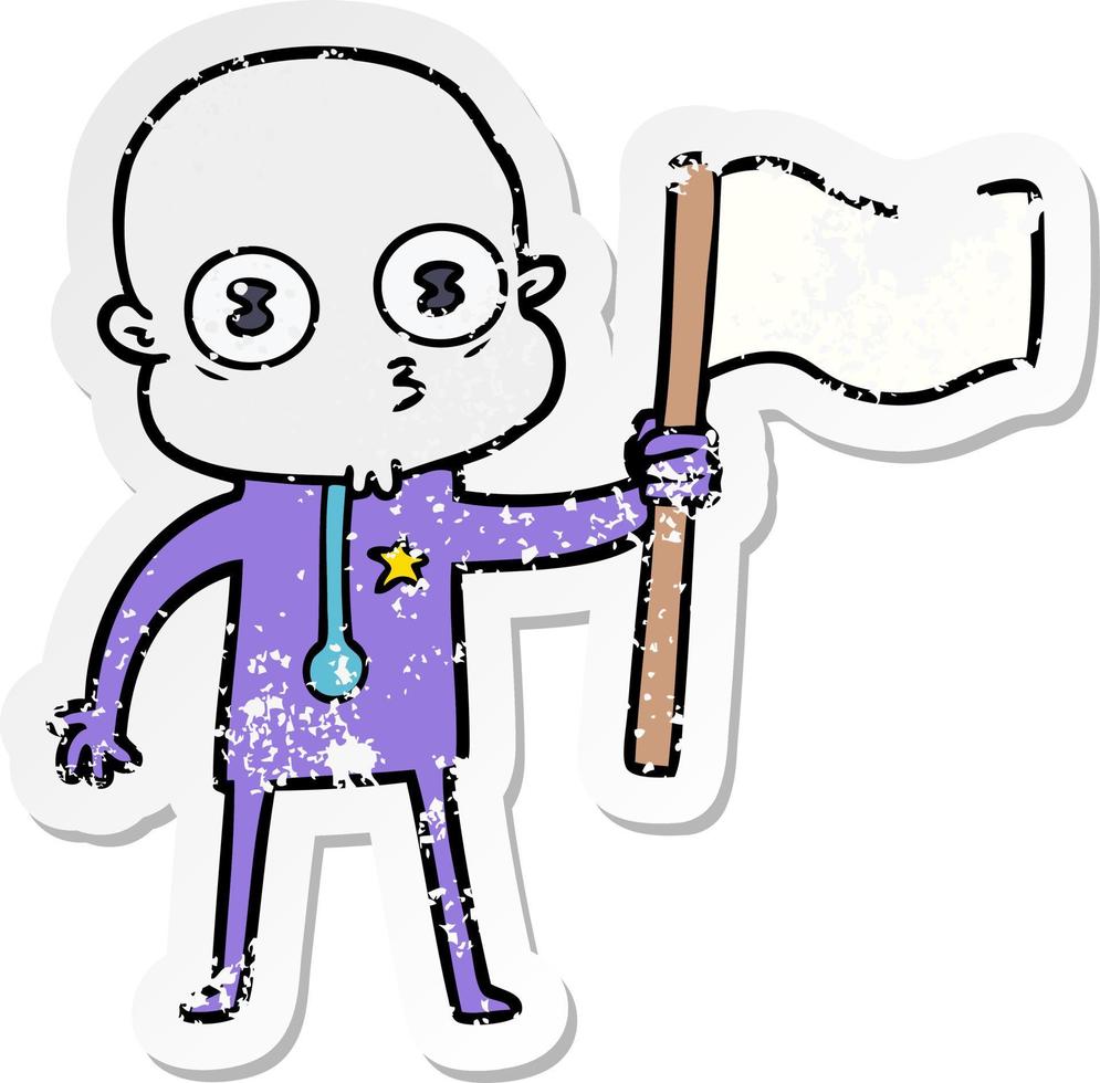 distressed sticker of a cartoon weird bald spaceman with flag vector