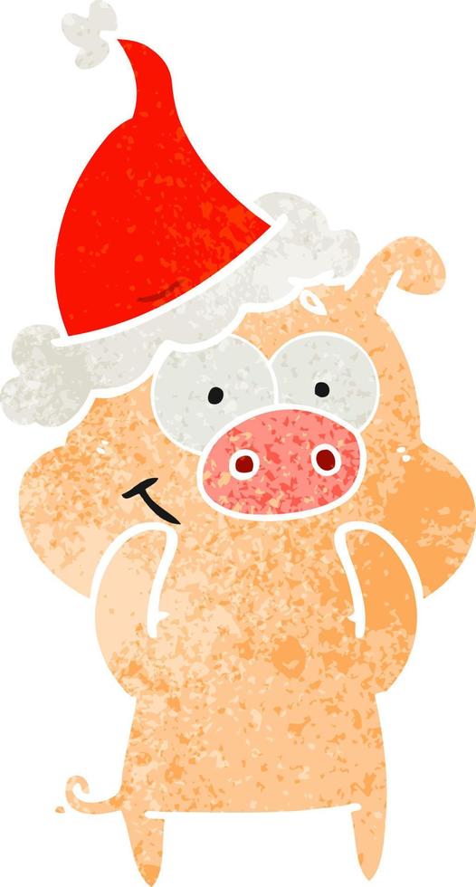 happy retro cartoon of a pig wearing santa hat vector