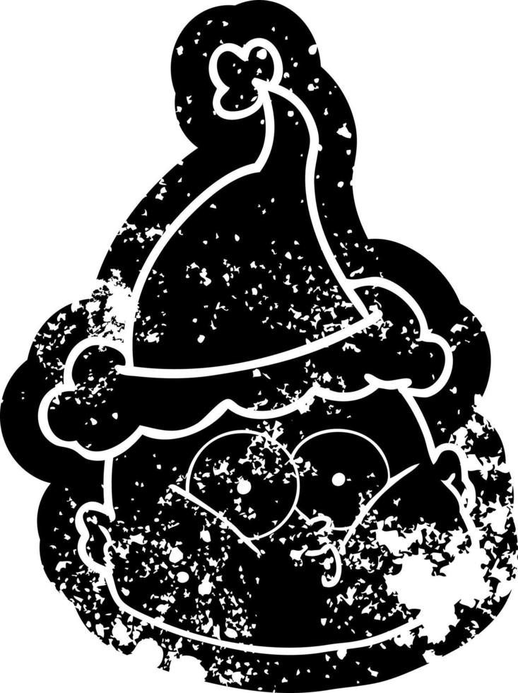 cartoon distressed icon of a curious bald man wearing santa hat vector