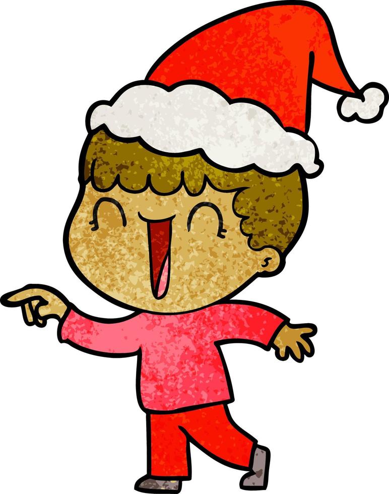 laughing textured cartoon of a man pointing wearing santa hat vector