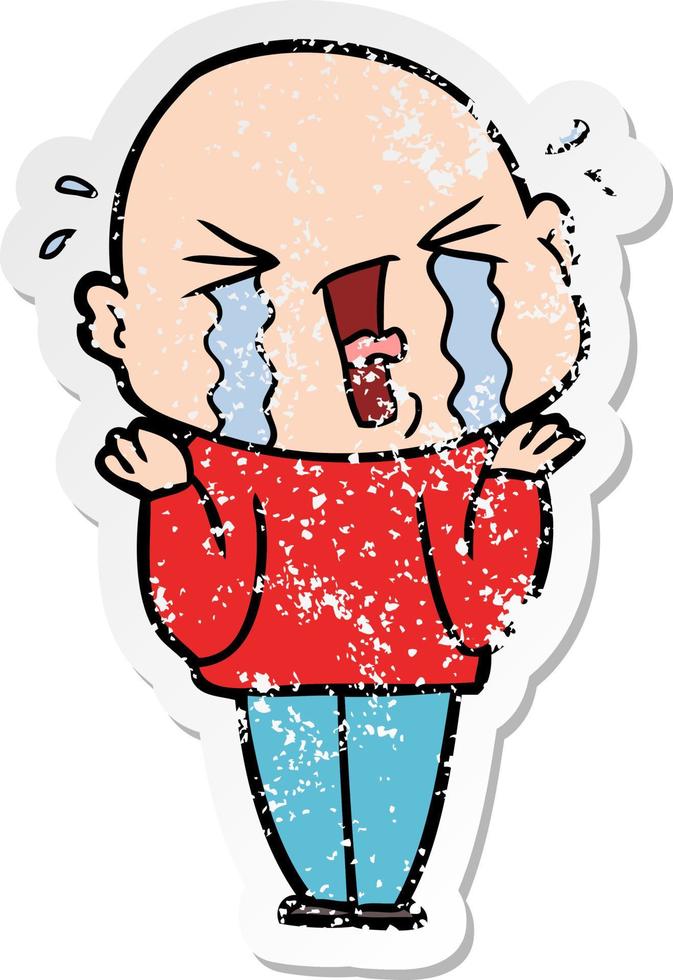 distressed sticker of a cartoon crying bald man vector
