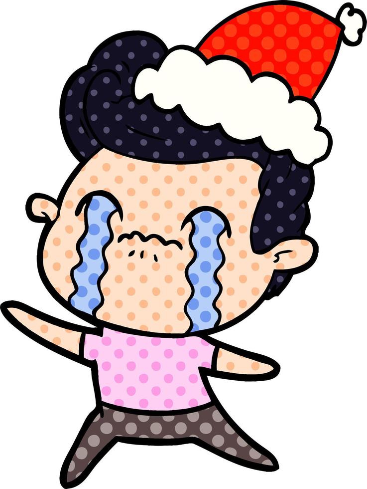 comic book style illustration of a man crying wearing santa hat vector