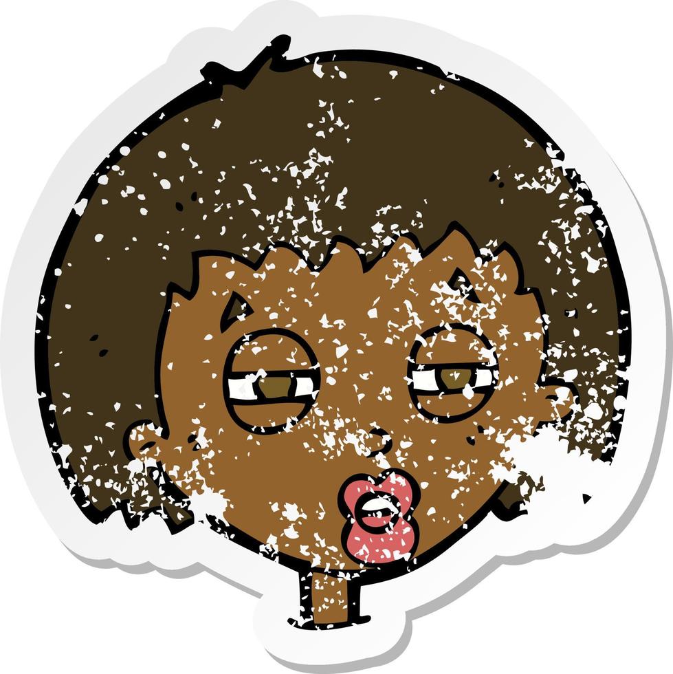 retro distressed sticker of a cartoon woman narrowing eyes vector