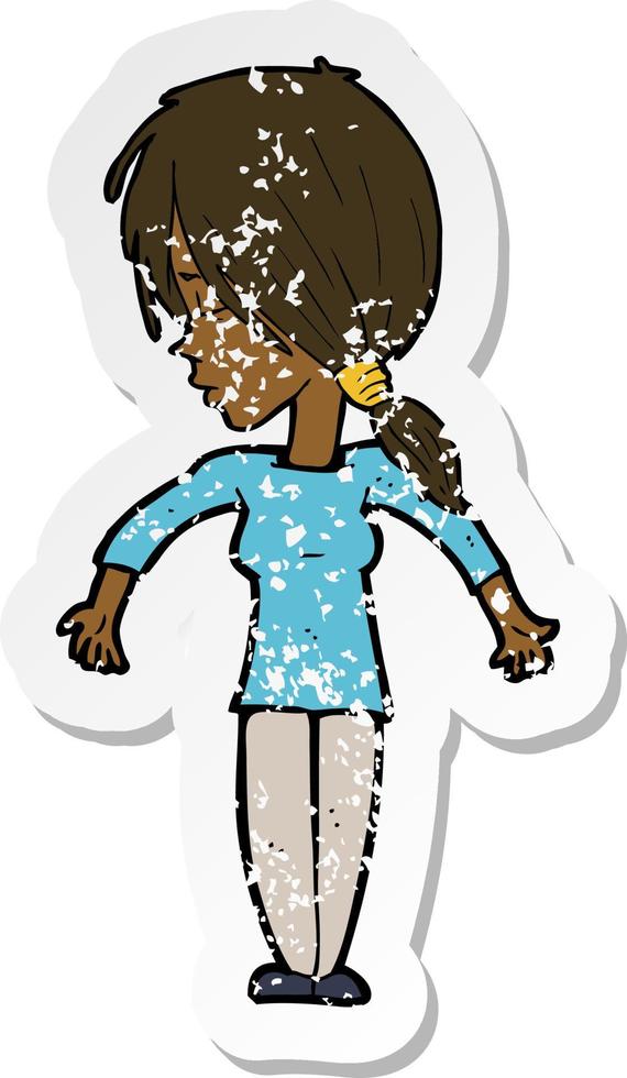 retro distressed sticker of a cartoon woman shrugging shoulders vector