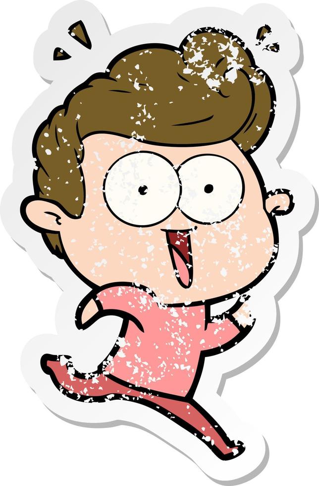 distressed sticker of a cartoon excited man vector
