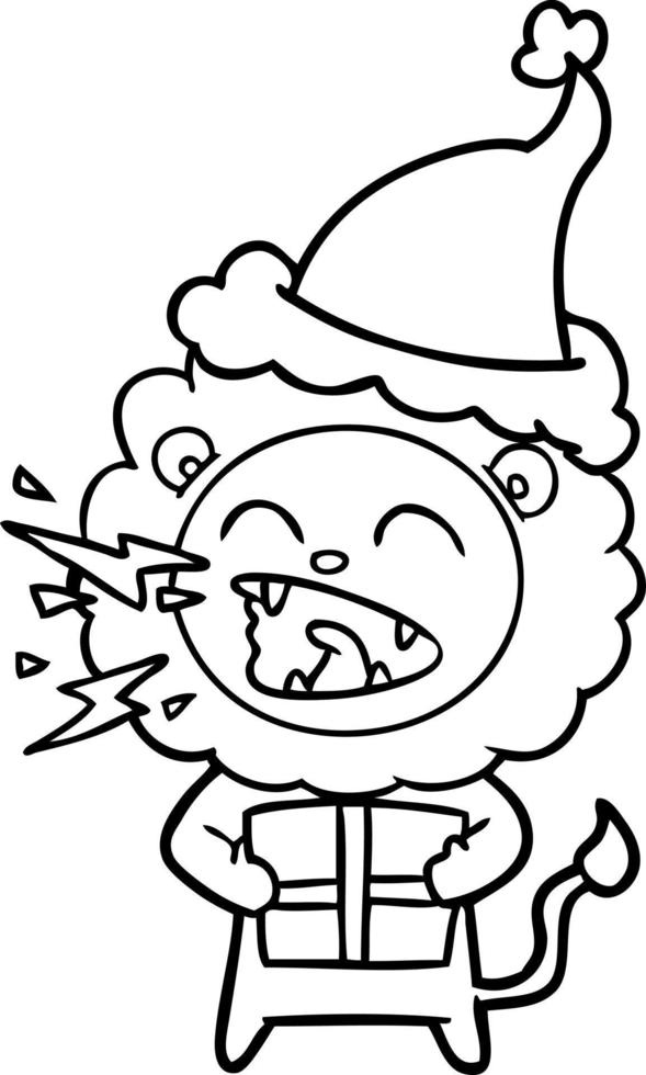 line drawing of a roaring lion with gift wearing santa hat vector